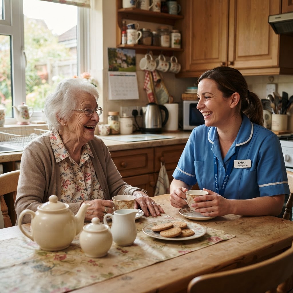 A carer having tea with an elderly woman at home