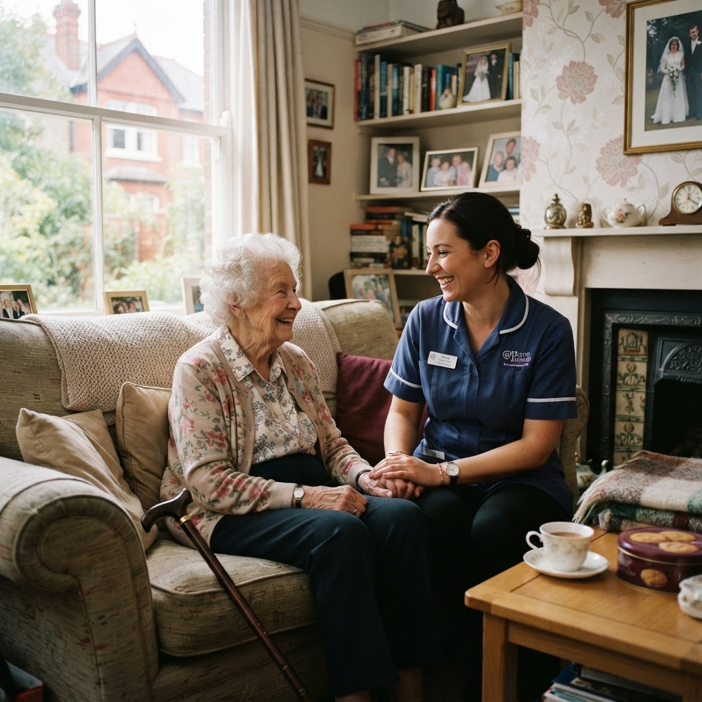 A caregiver and an elderly woman sitting together on a sofa