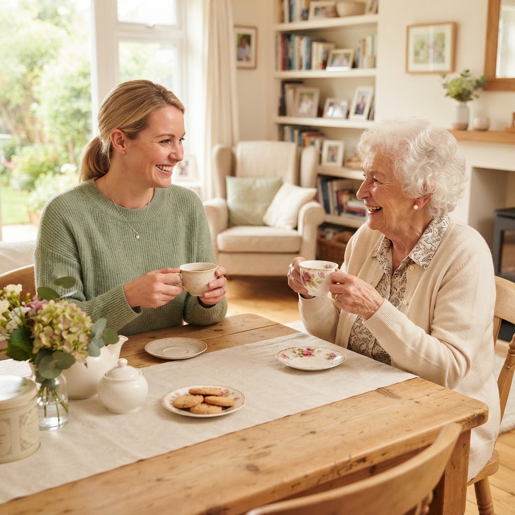 A caregiver sharing a cup of tea with an elderly person