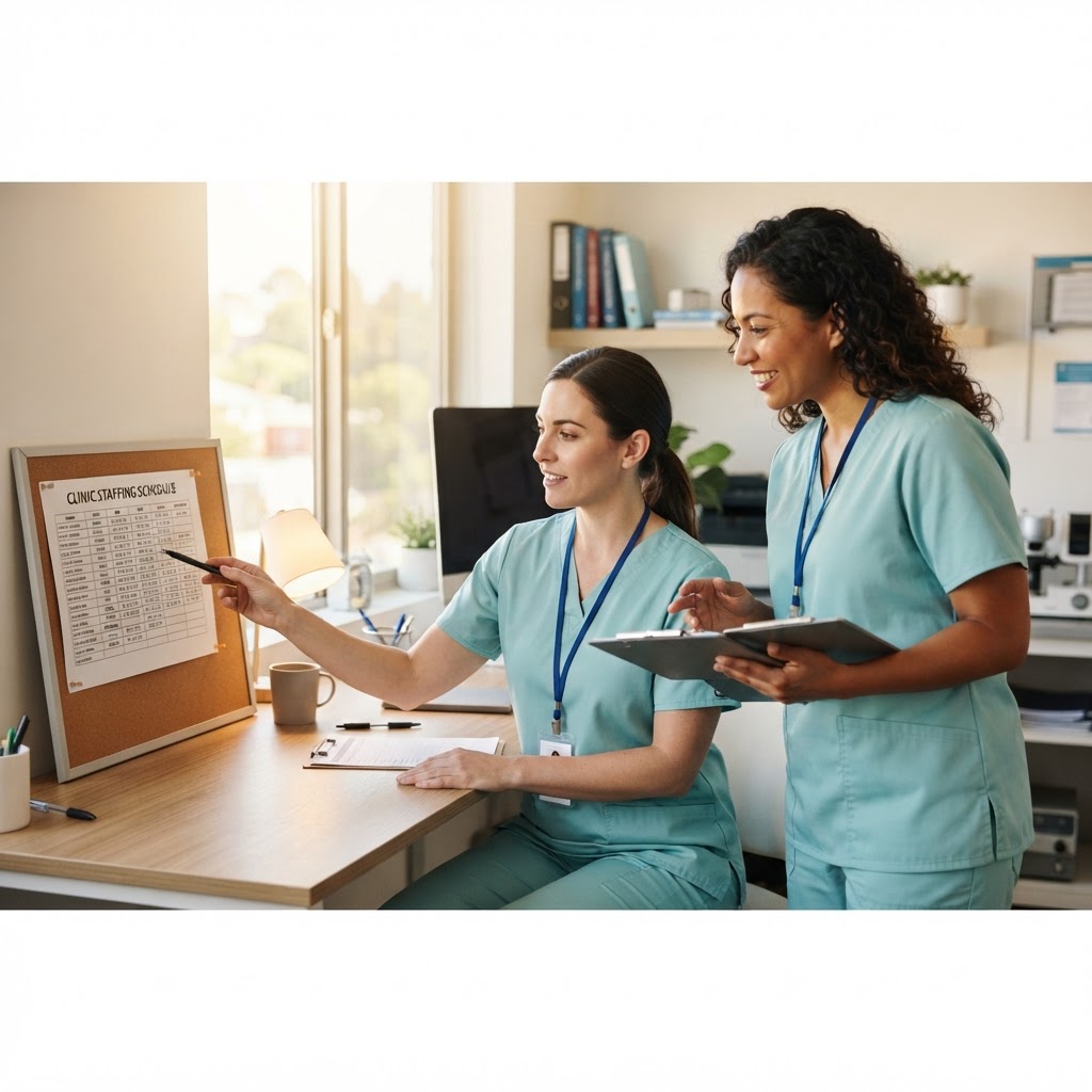 Healthcare professionals reviewing a staffing schedule