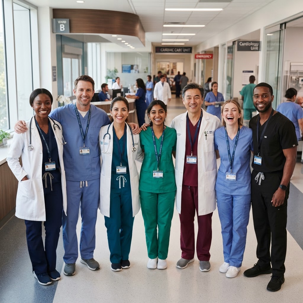 A diverse healthcare team standing together in a hospital corridor