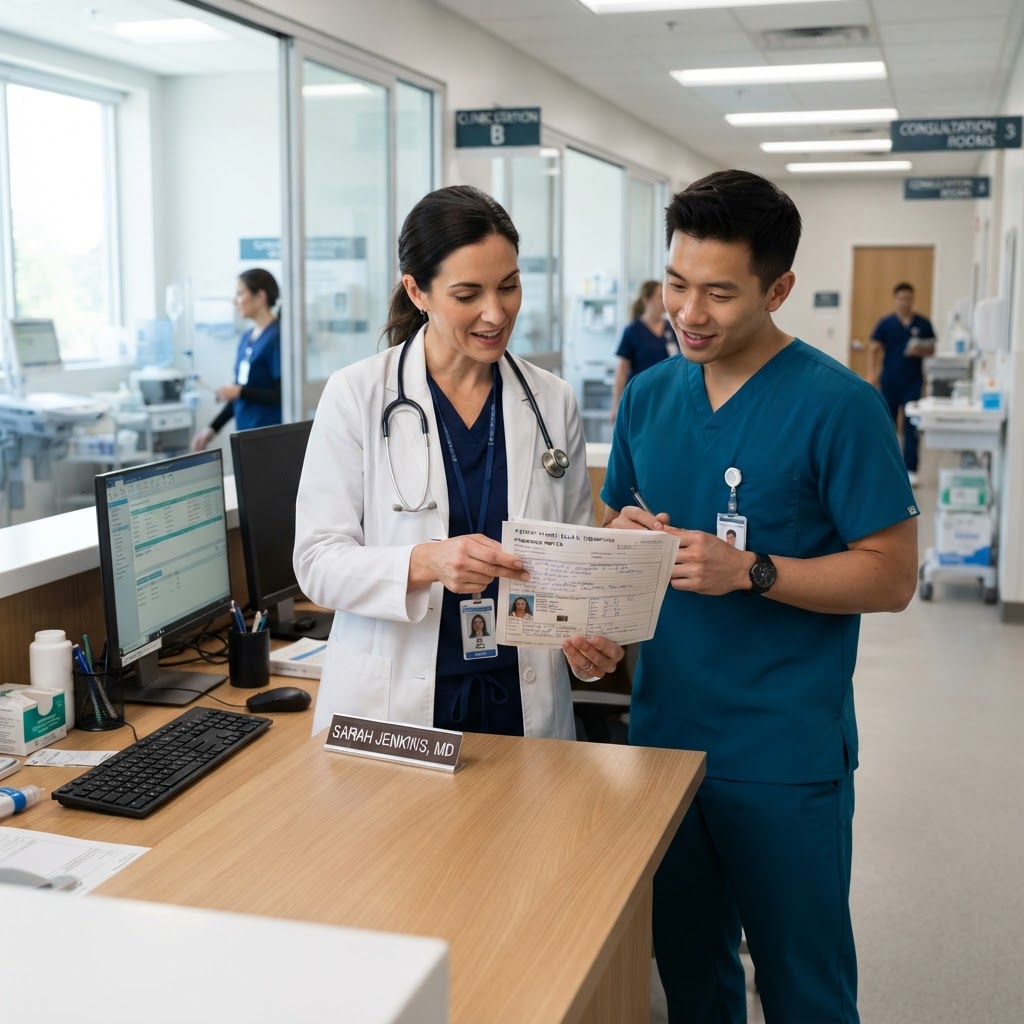 A doctor and a nurse reviewing a medical chart together