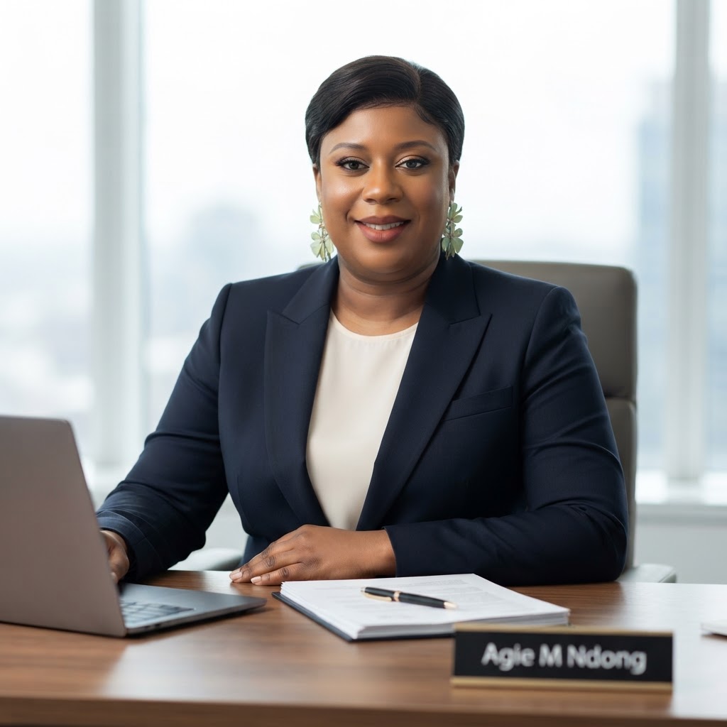 Agie M Ndong, Founder and Director of PlusConnect Ltd, in a business suit at her office desk
