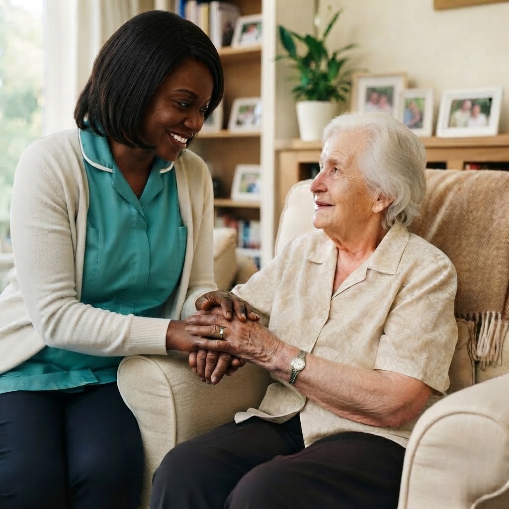 Two people assisting each other and practicing care