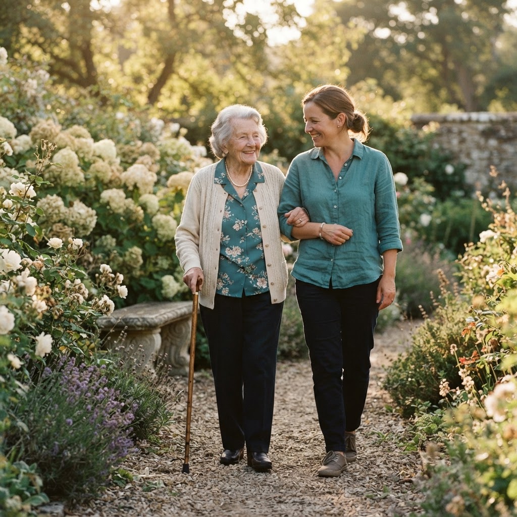A caregiver walking arm in arm with an elderly person