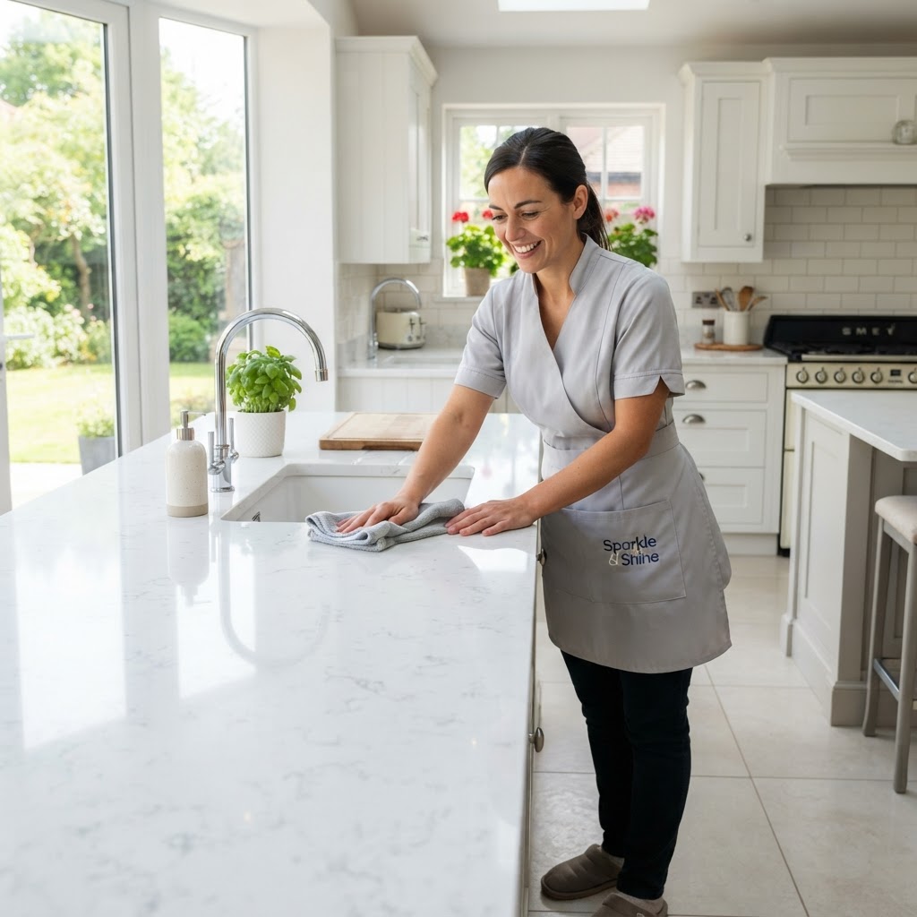 A professional cleaner polishing a bright kitchen worktop