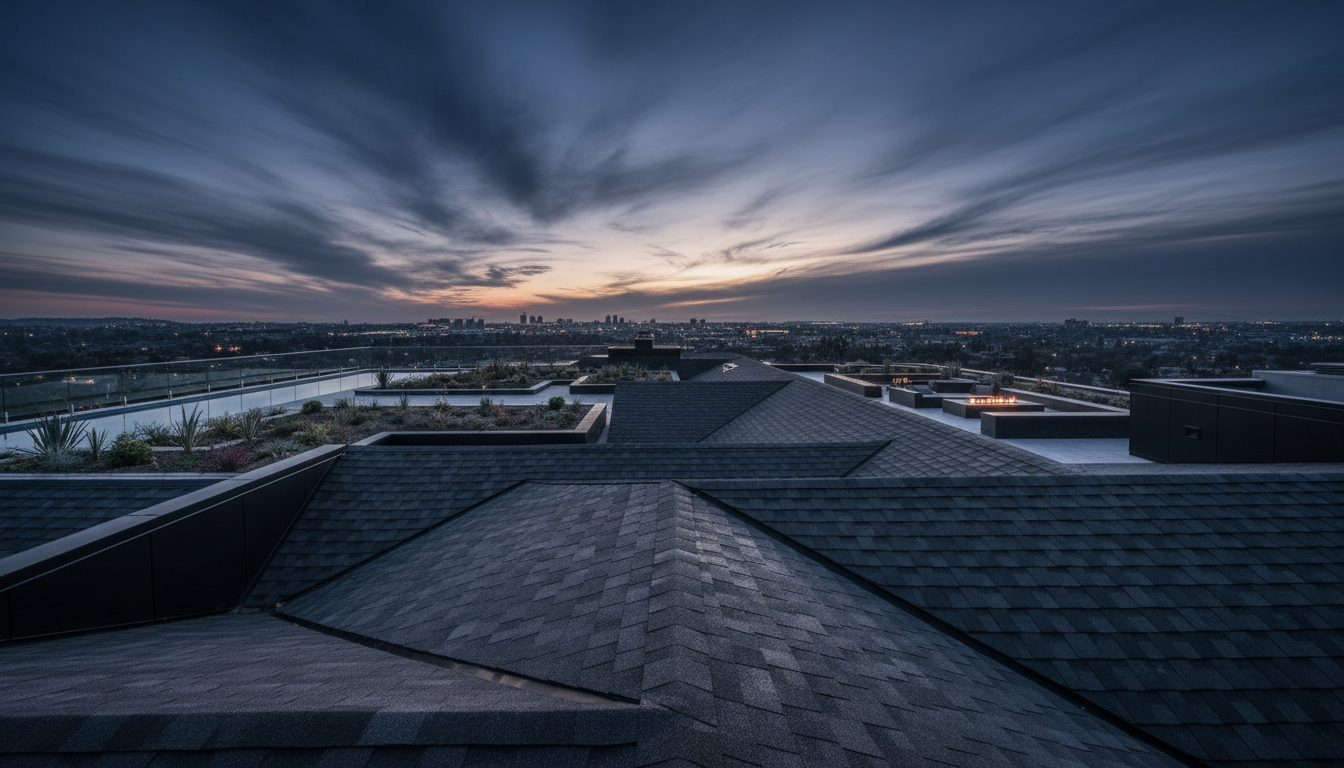 Modern rooftop against twilight sky