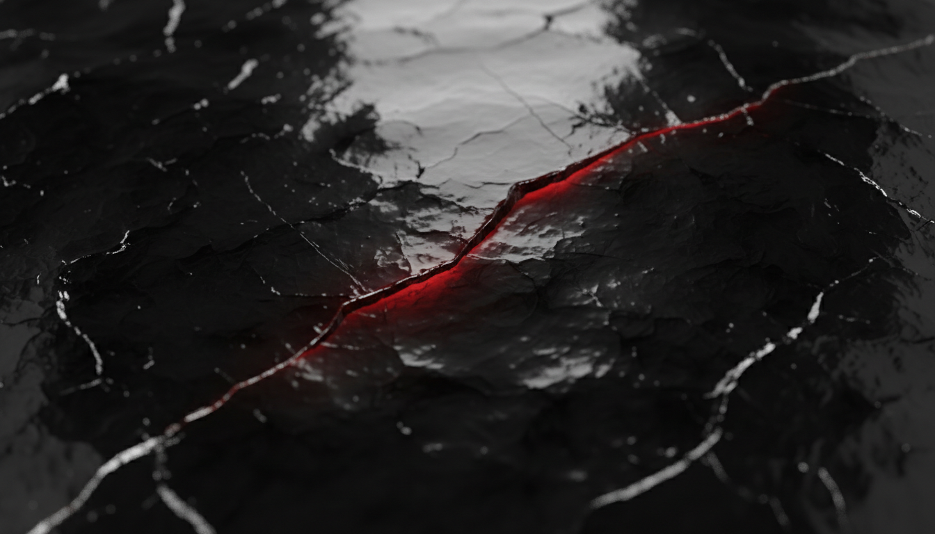 Polished obsidian surface with a hairline crack revealing oxblood glow