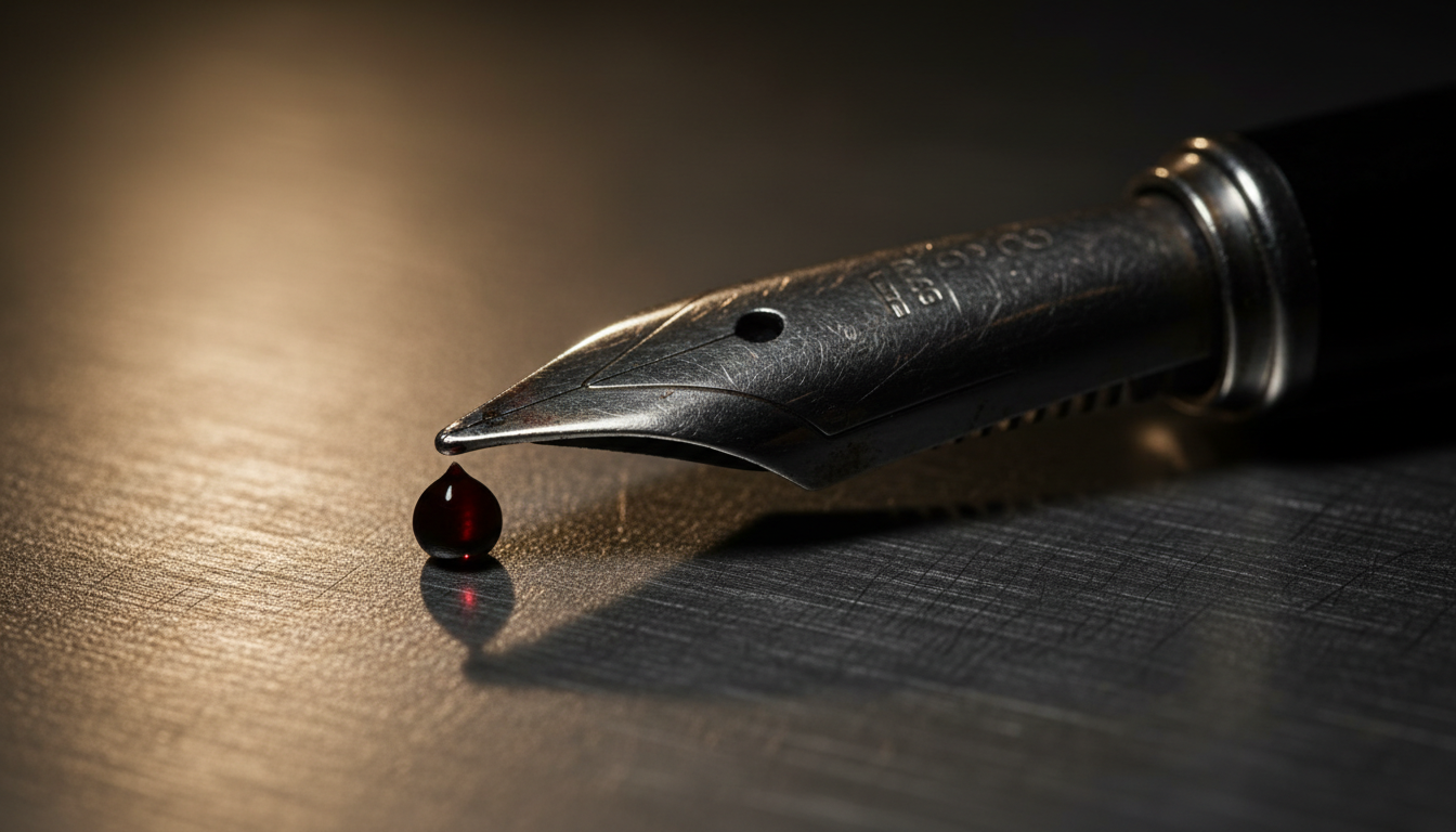 Close-up of a vintage fountain pen nib with dark oxblood ink on brushed steel