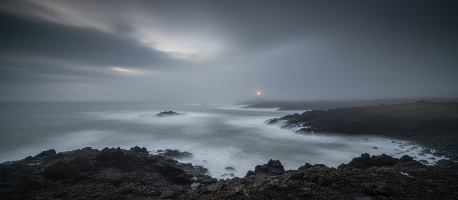 Fog-covered Nordic coastline at twilight with distant lighthouse