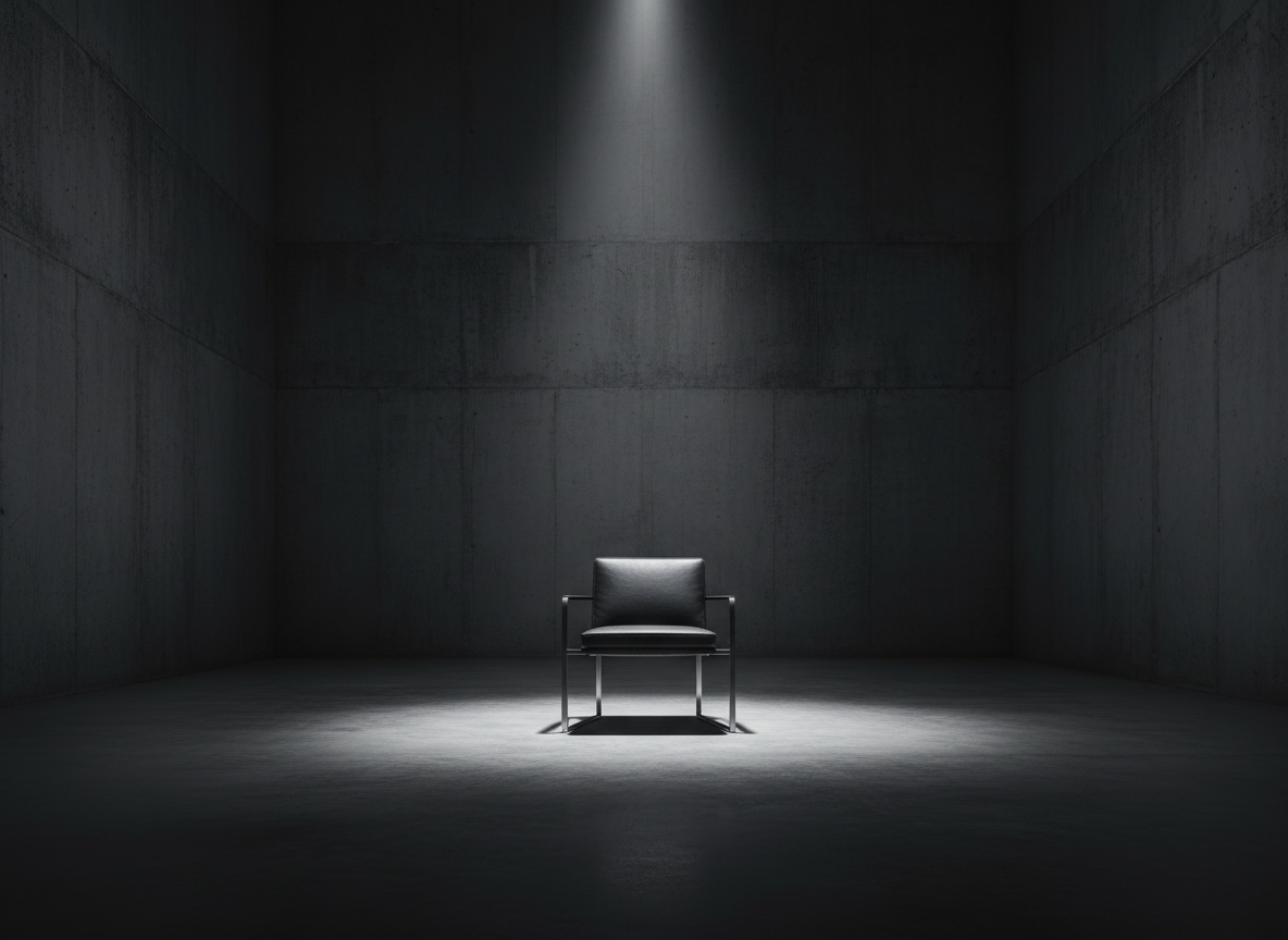 Brutalist concrete hall with a solitary steel chair under dramatic spotlight