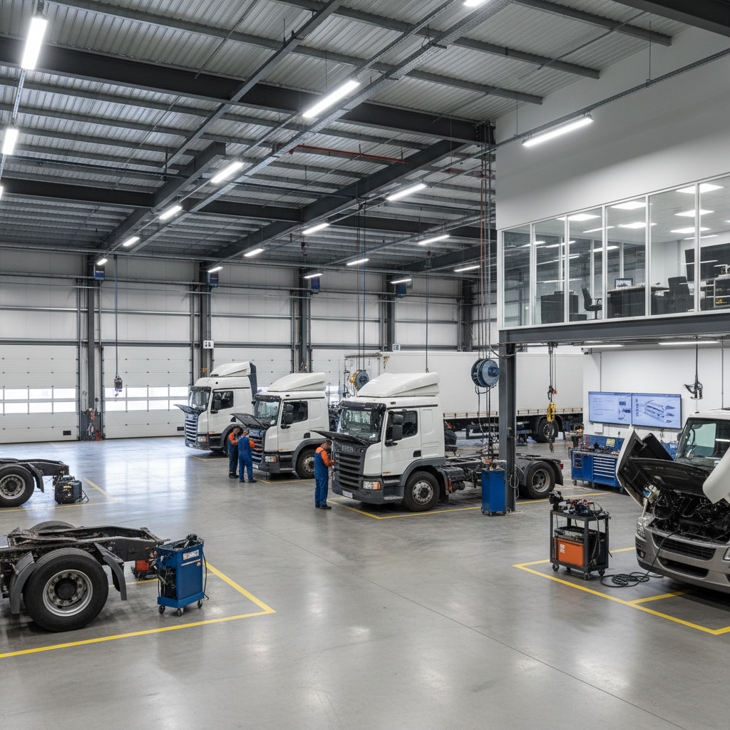 Modern commercial truck repair shop interior with multiple service bays