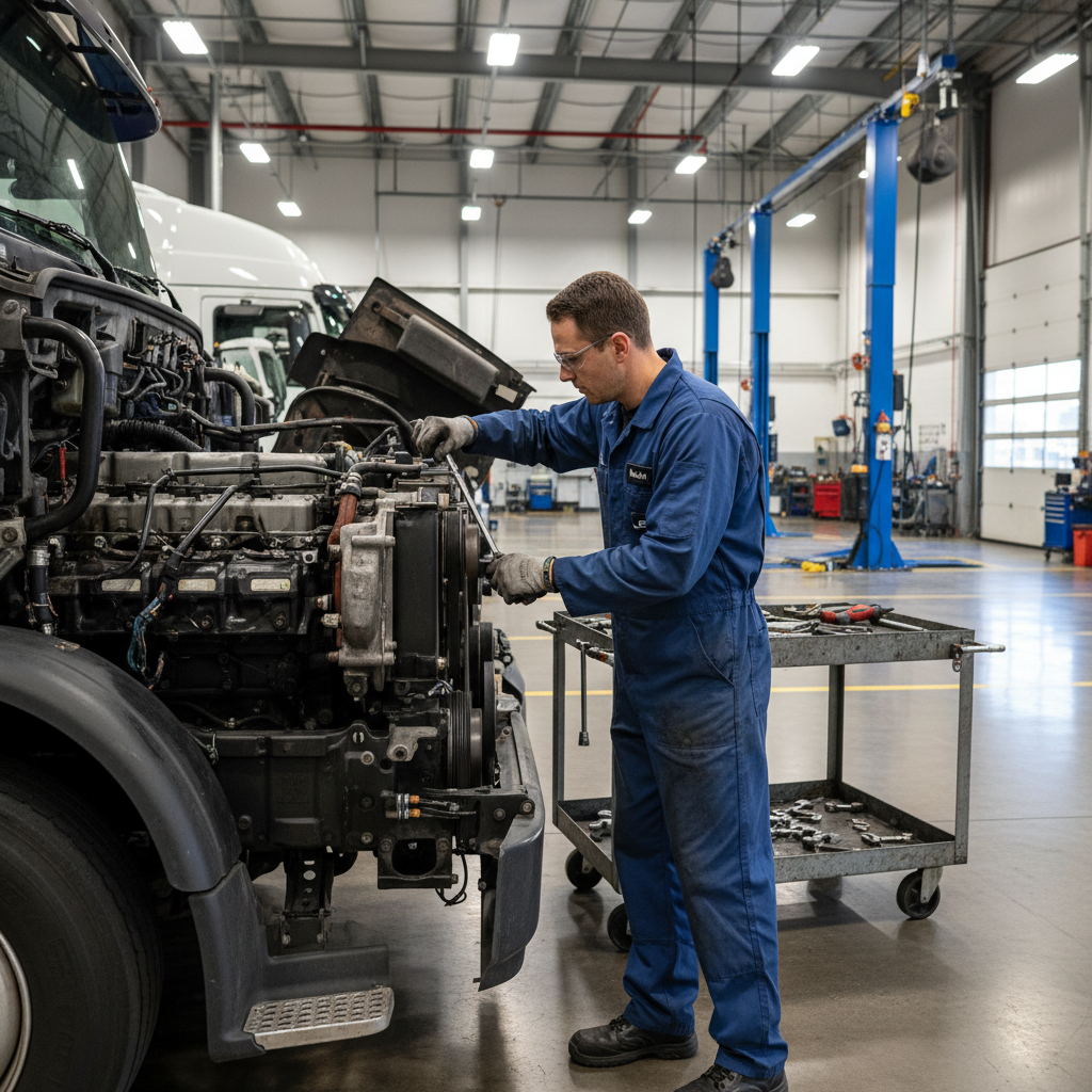 Diesel mechanic working on a semi truck engine