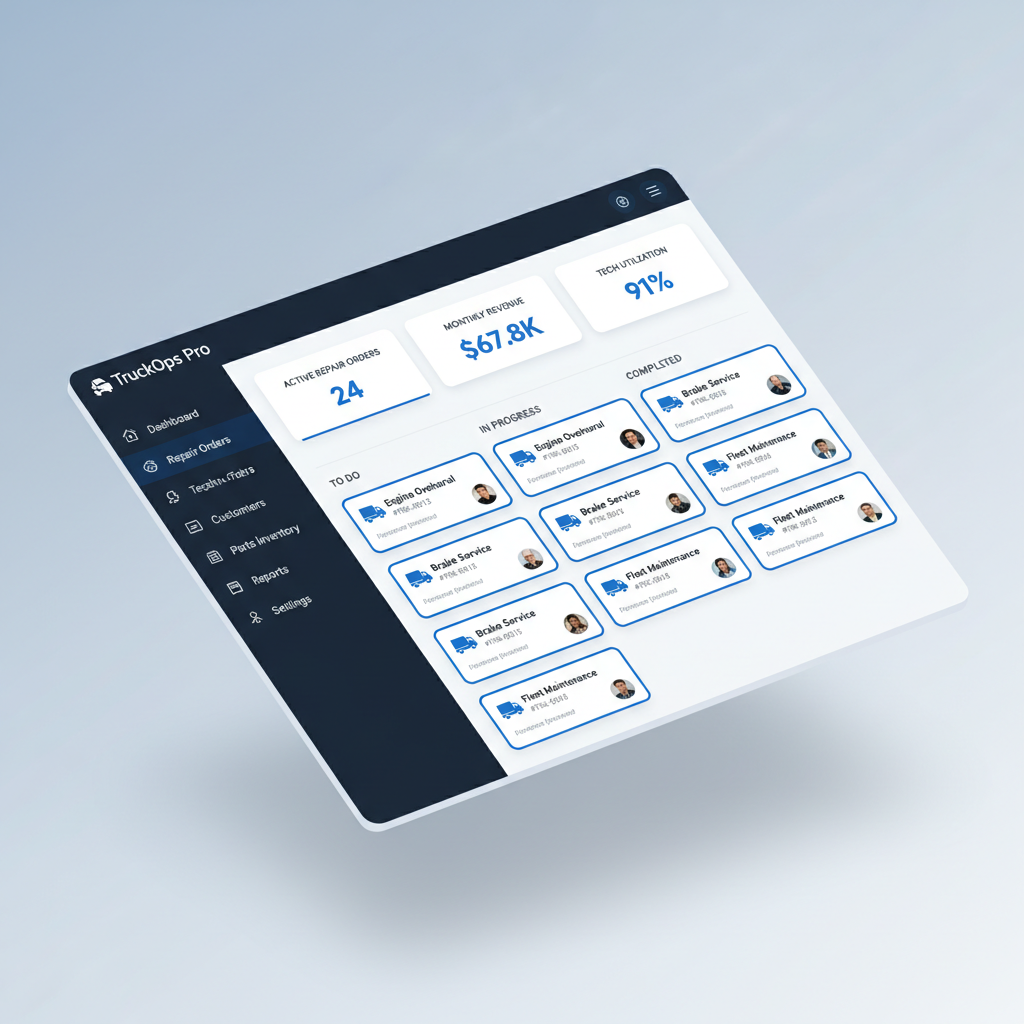 TruckOps Pro Dashboard — repair orders, revenue tracking, technician utilization