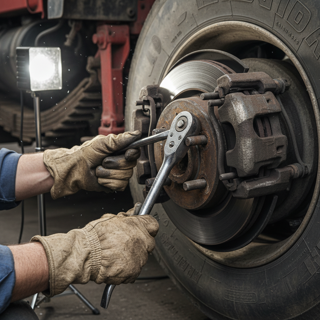 Mechanic hands working on heavy-duty truck brake components