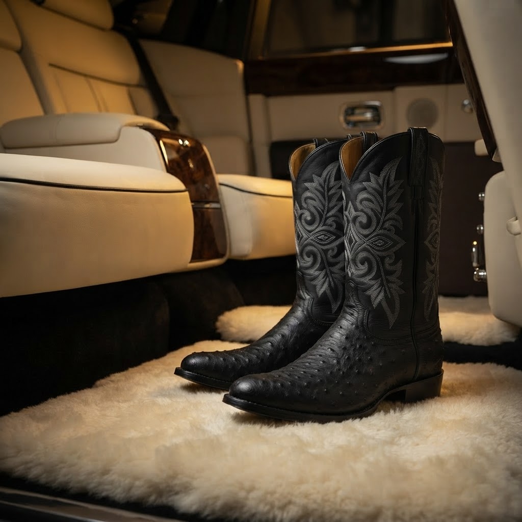 Millionaire Bachelor signature full-quill ostrich cowboy boots resting inside a Rolls-Royce