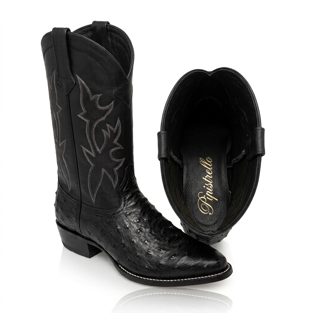 Profile view of the Millionaire Bachelor signature black full-quill ostrich boot with silver-stitched shaft