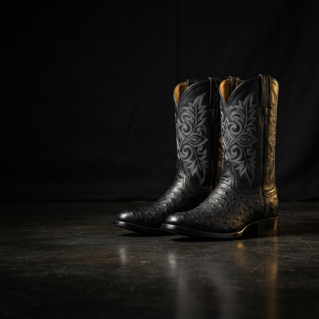 The Millionaire Boot by Millionaire Bachelor — signature full-quill ostrich western boots in a dark studio