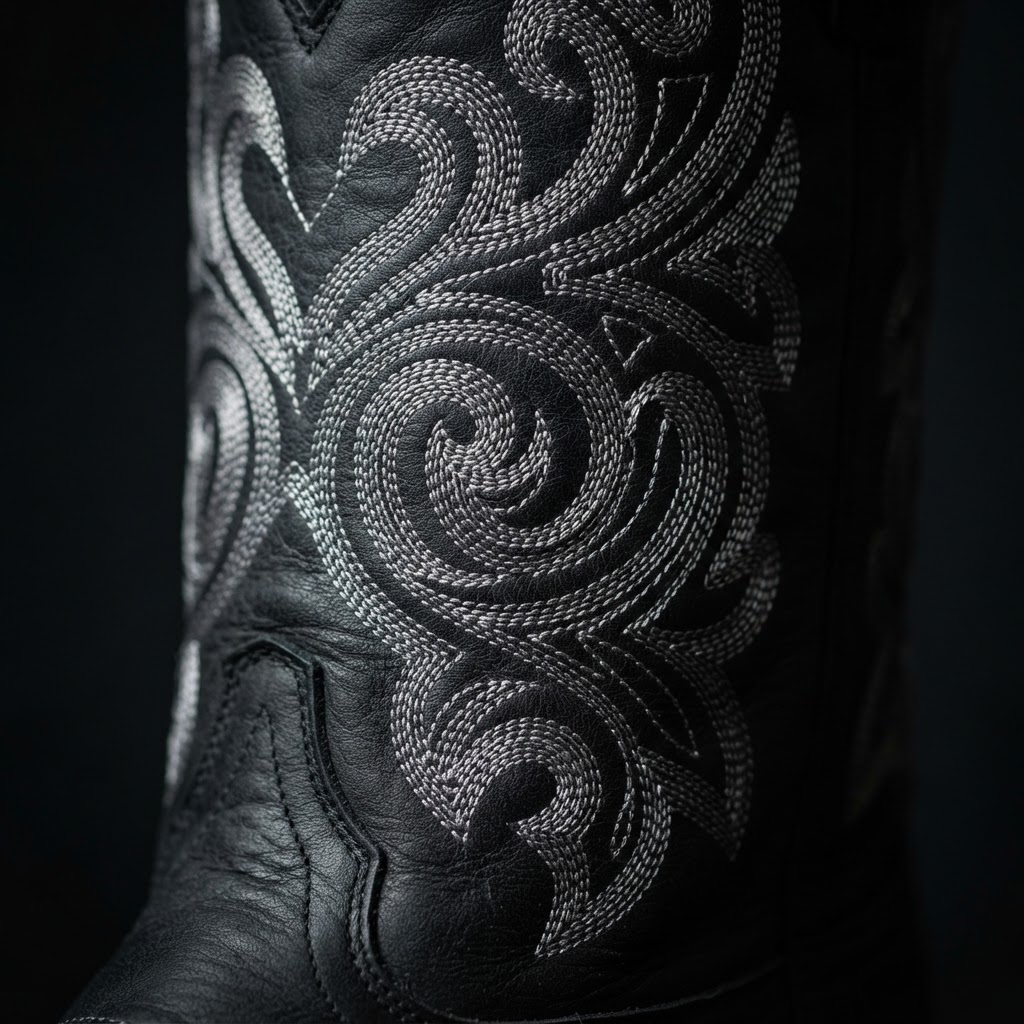 Close-up of silver contrast embroidery on the Millionaire Bachelor black calfskin boot shaft