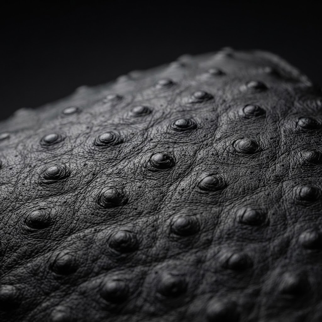 Macro close-up of the raised full-quill ostrich texture on the Millionaire Bachelor boot