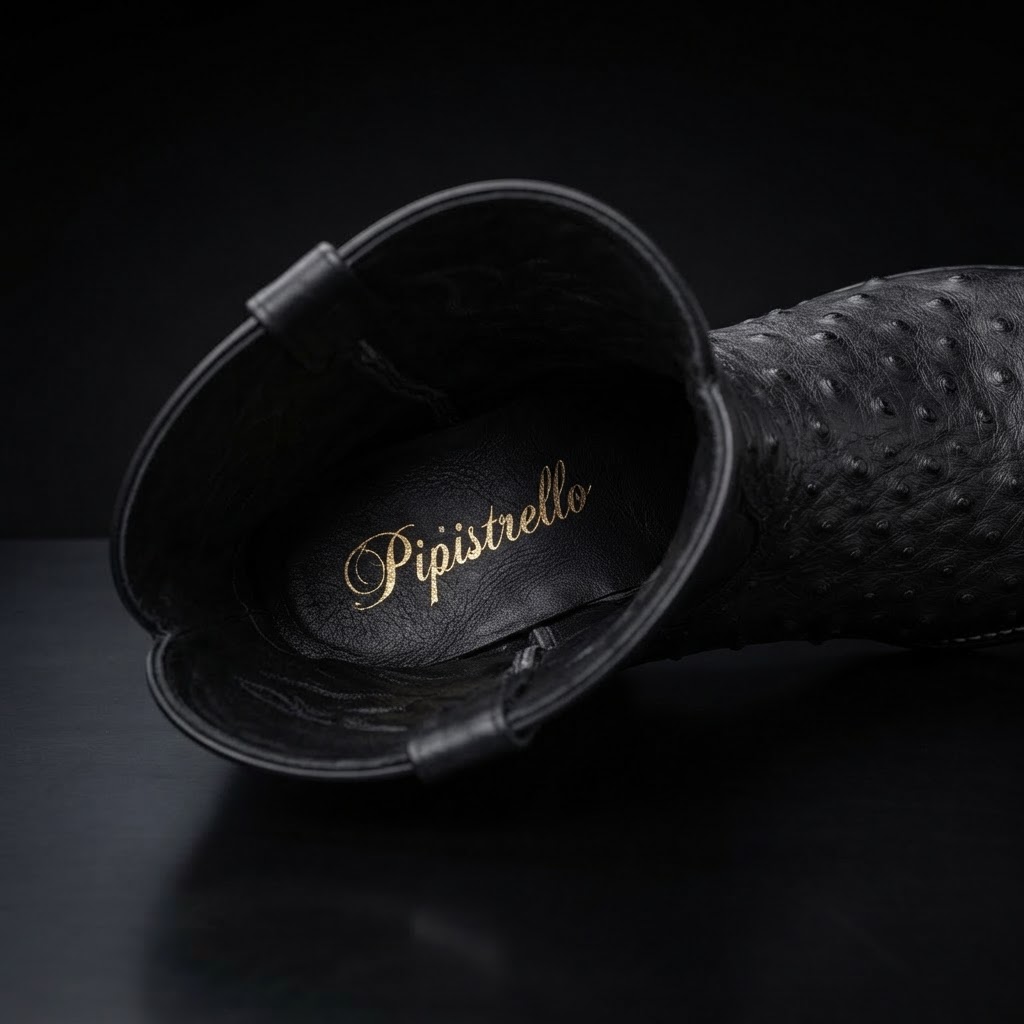 Top-down view of the Millionaire Bachelor boot leather insole with gold signature script