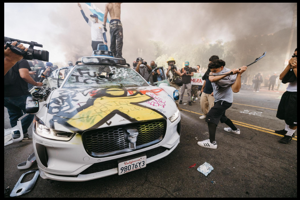 Car destruction California protest
