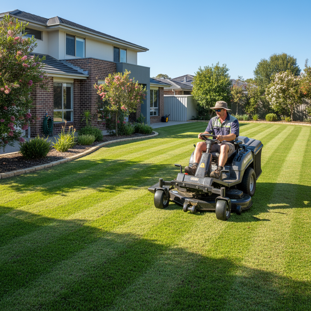 Lawn mowing Ballarat — ride-on mower acreage residential lawn care edge trimming Pristine Properties Ballarat VIC