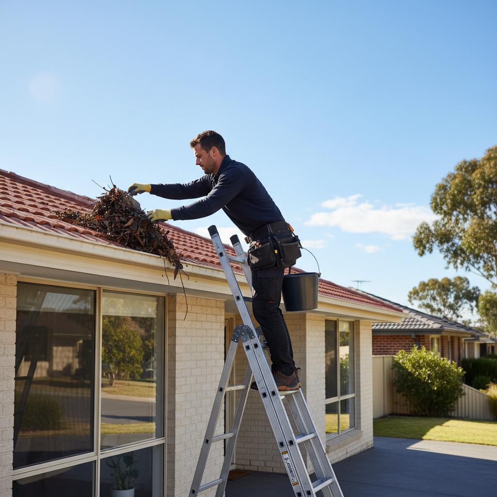 Gutter cleaning Ballarat — tradesman clearing blocked gutters debris removal downpipe flush Pristine Properties VIC