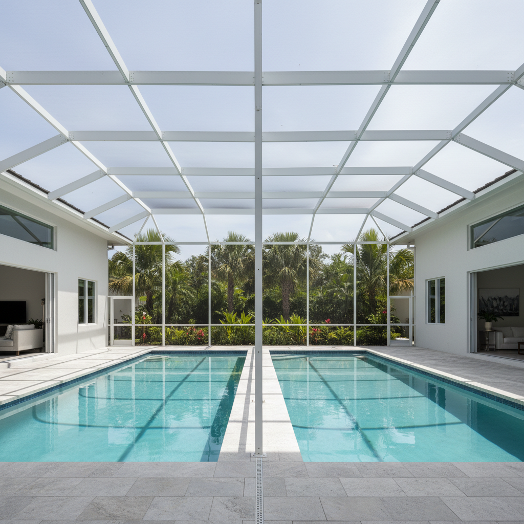 Standard pool screen enclosure integrated with residential backyard architecture