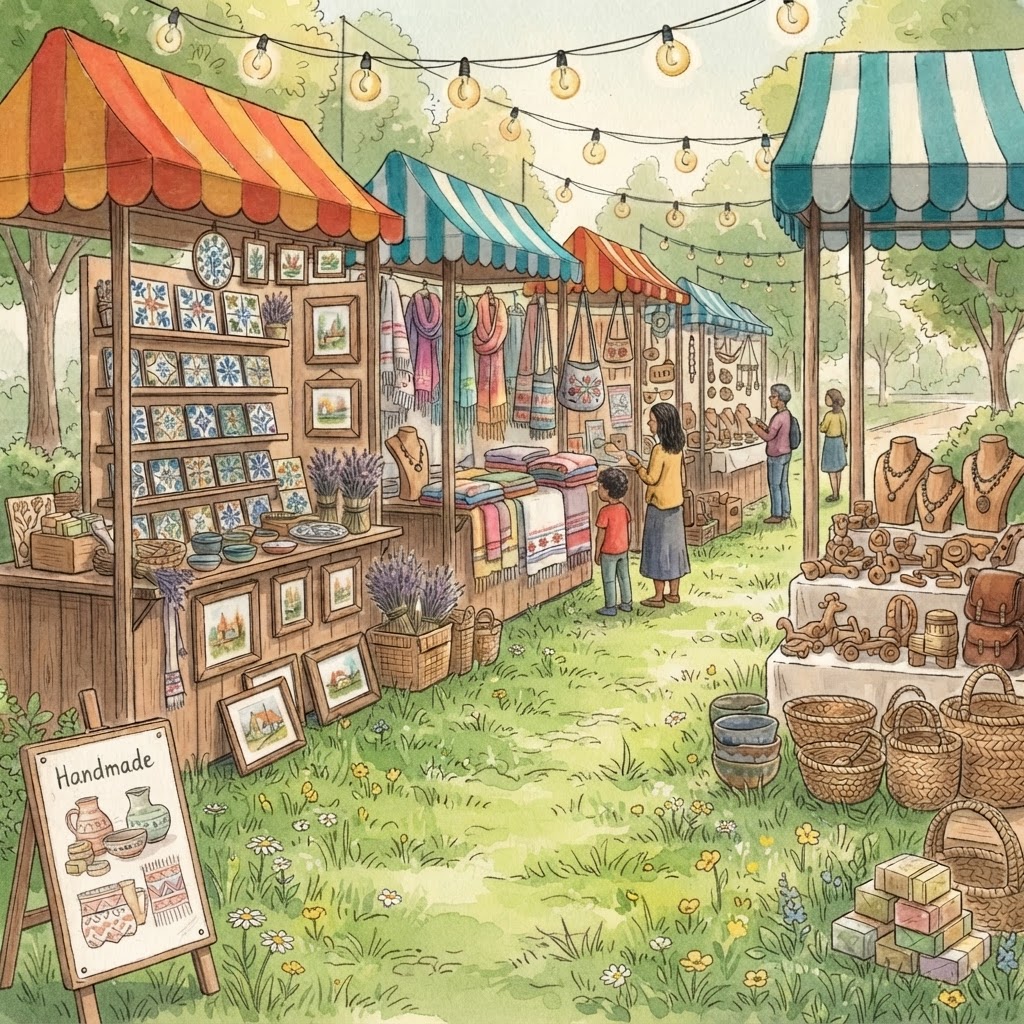 Hand-drawn watercolor illustration of artisan maker stalls with colorful striped awnings displaying handmade crafts and goods, with a grassy walkway between the stalls