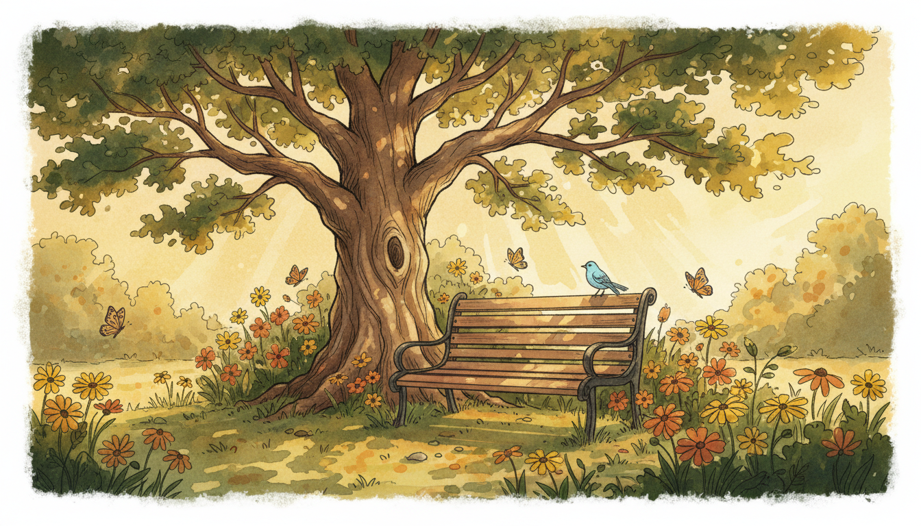 Hand-drawn watercolor illustration of a peaceful park bench under a large oak tree with wildflowers and butterflies