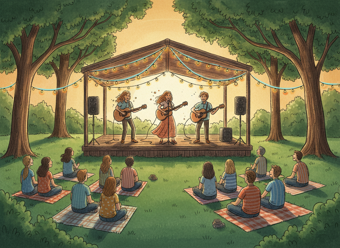 Hand-drawn watercolor illustration of musicians performing on a small wooden stage with string lights and an audience on blankets