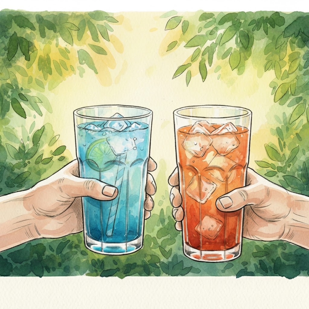 Hand-drawn watercolor illustration of simple cocktails held against sun-dappled green leaves