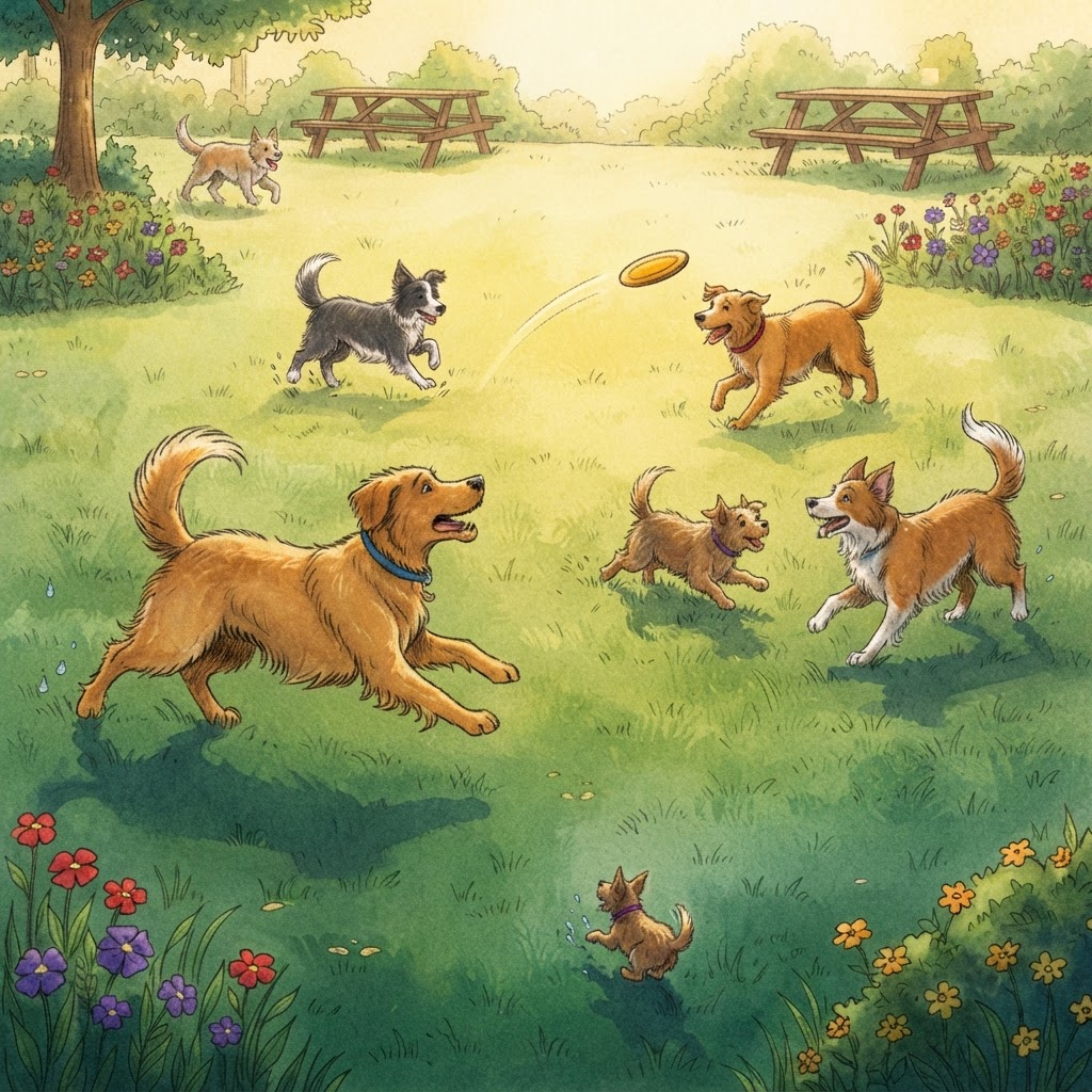 Hand-drawn watercolor illustration of dogs playing in a sunny park with golden retrievers running through lush green grass