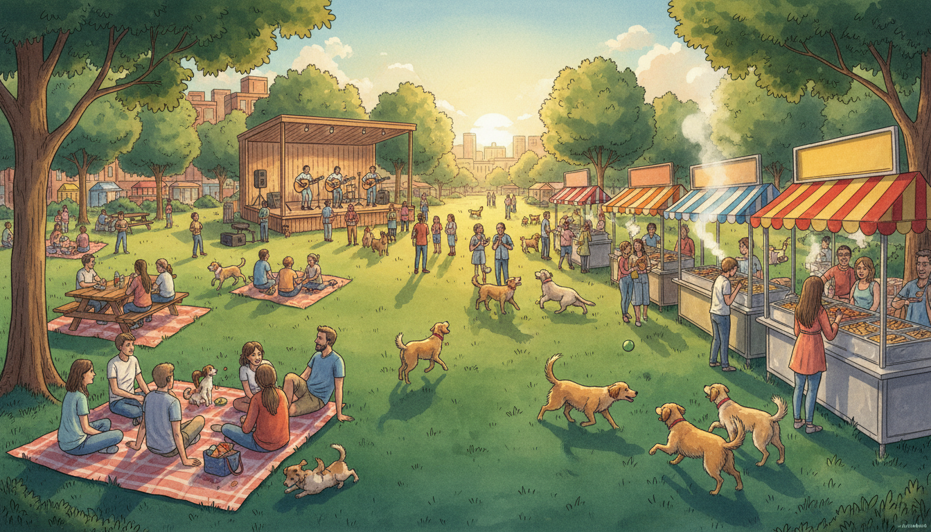 Hand-drawn illustration of a bustling summer park with people on picnic blankets, dogs playing, musicians on stage, and colorful food vendors