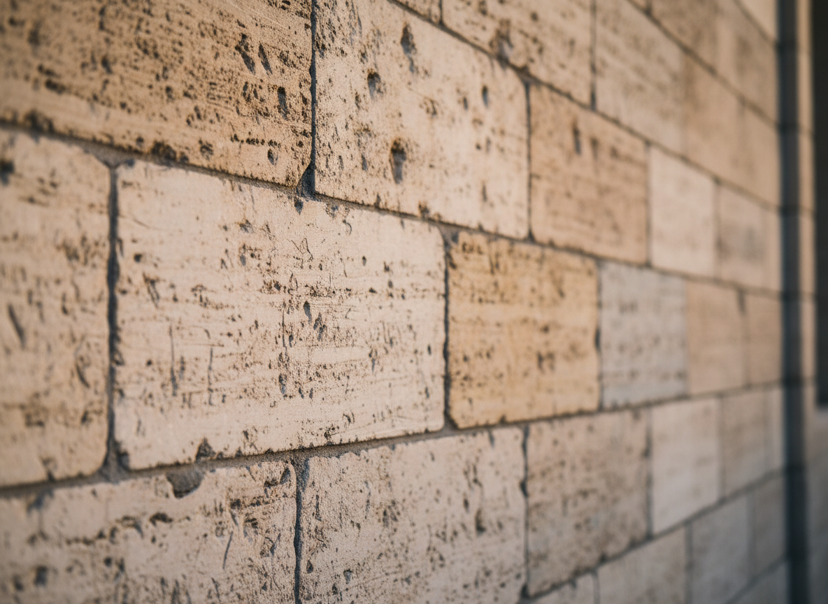 Hand-chiseled limestone blocks in golden hour light