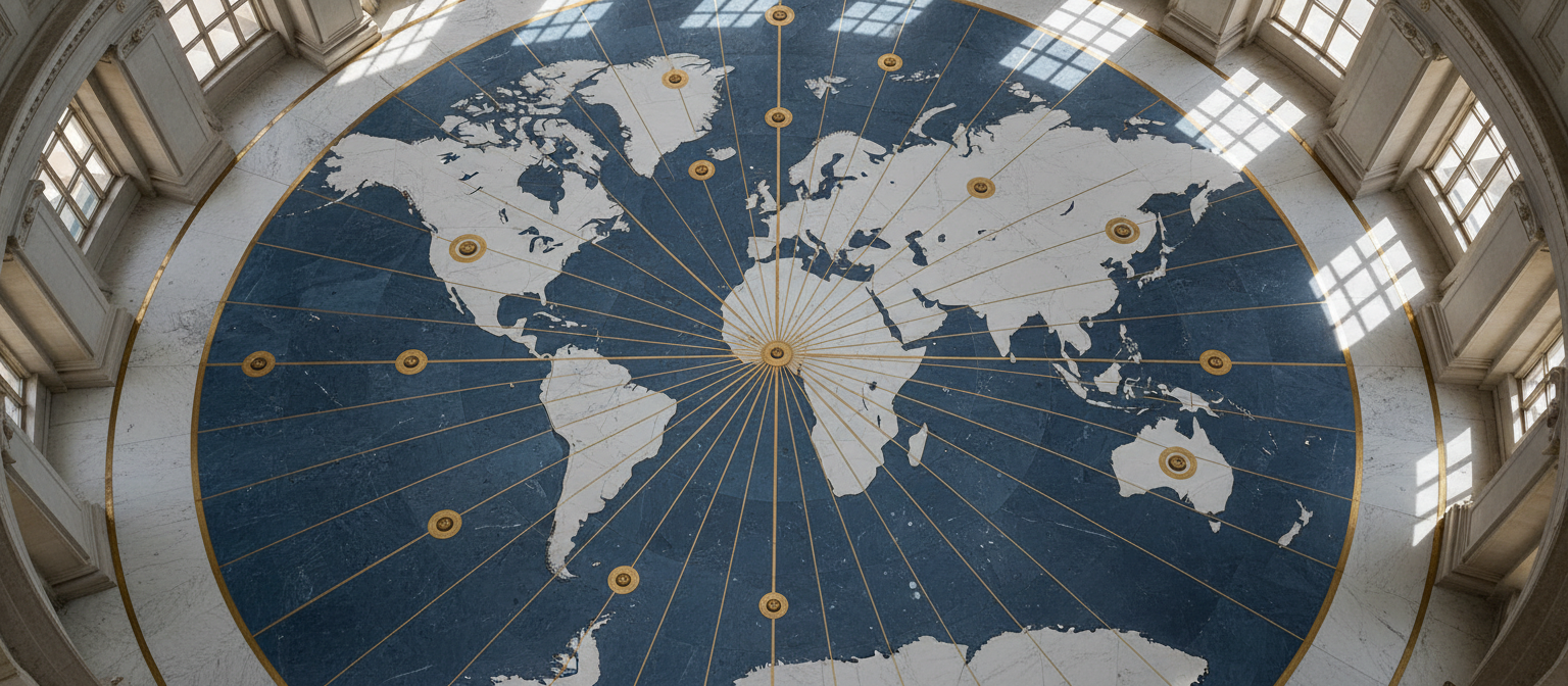 Grand world map etched in marble with brass inlays representing the global Masonic fraternity