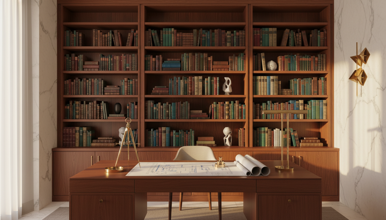 Elegant study room with leather-bound books, brass compass and architectural blueprints