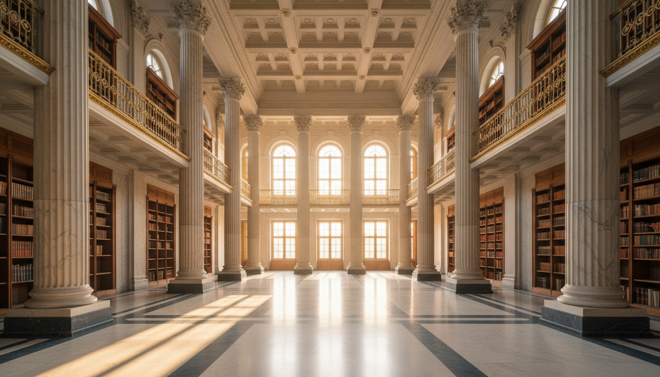 Grand classical architecture with golden morning light streaming through arched windows
