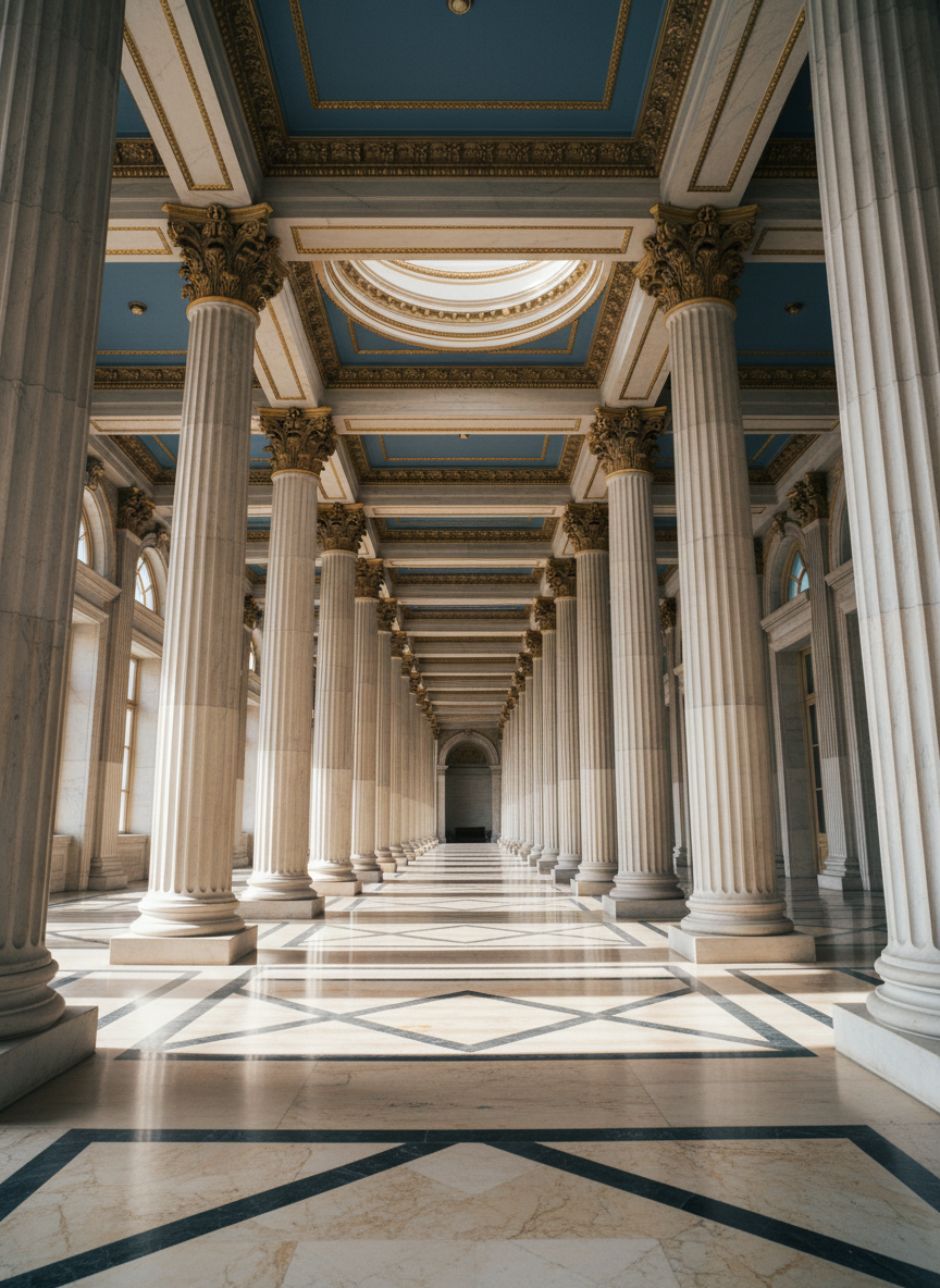 Classical Corinthian columns illuminated by natural light