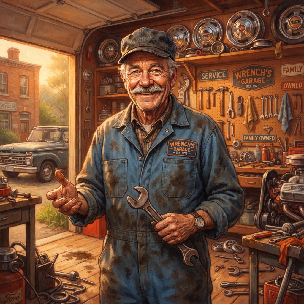 Wrench, the friendly veteran mechanic at Caps On Wheels, standing in his cozy garage surrounded by classic hub caps