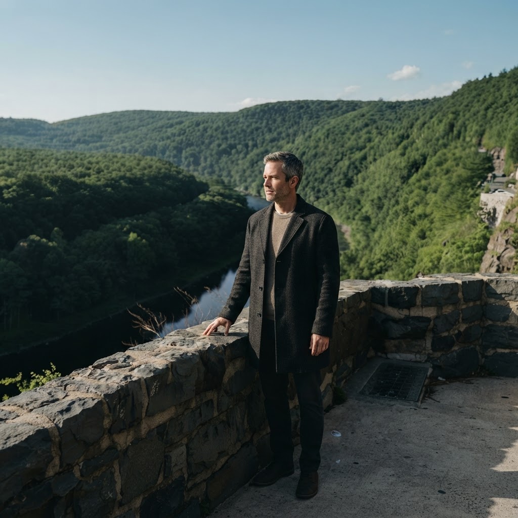 A man standing composed at a stone wall overlook above a river valley
