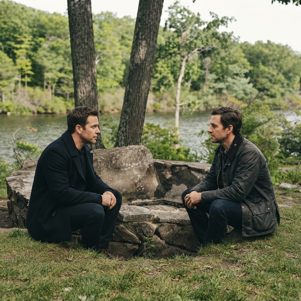 Two men in honest conversation across a stone fire pit