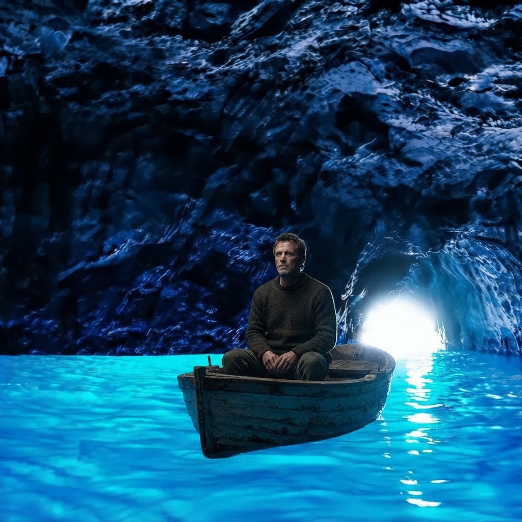 A man seated still in a rowboat inside a luminous sea cave