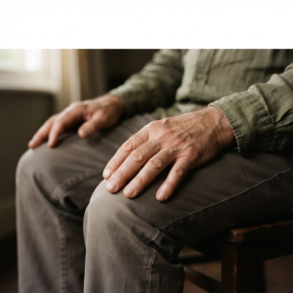 A man's hands resting open on his lap, a gesture of allowing rather than gripping.