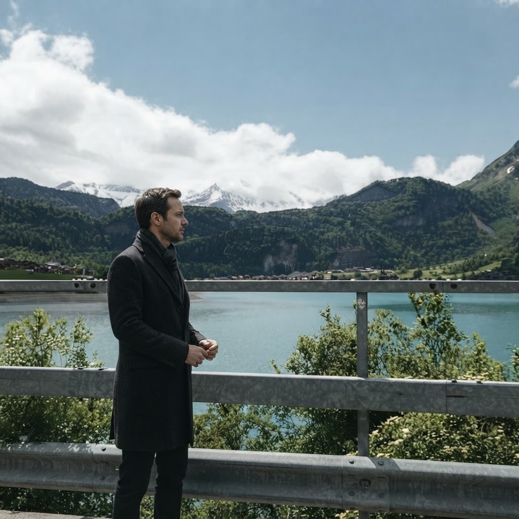 A man observing a mountain landscape from a guardrail overlook, apart from it