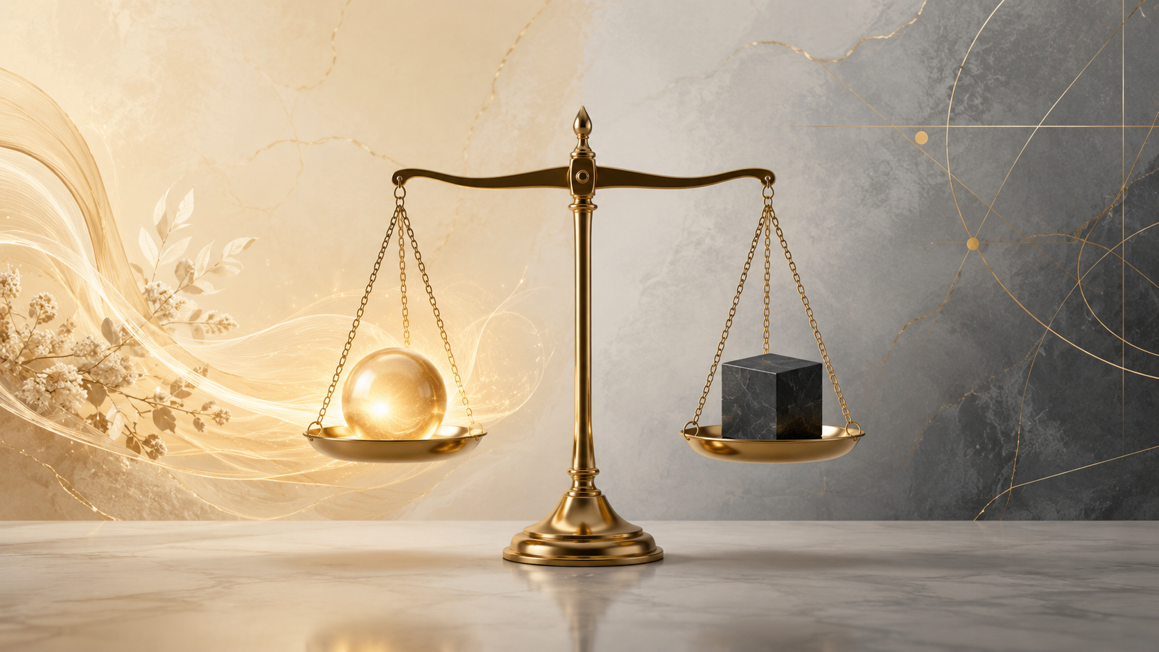 A golden balance scale holding a glowing orb of light on one side and a dark stone cube on the other, perfectly level