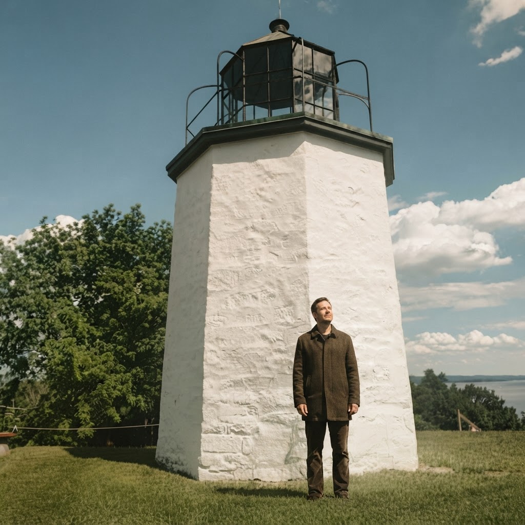 A man standing peacefully at the base of a white stone lighthouse