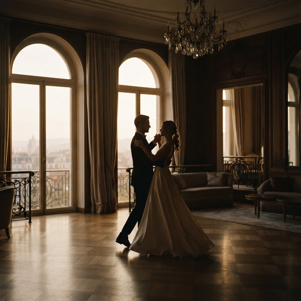 Silhouette of a couple dancing in warm golden light