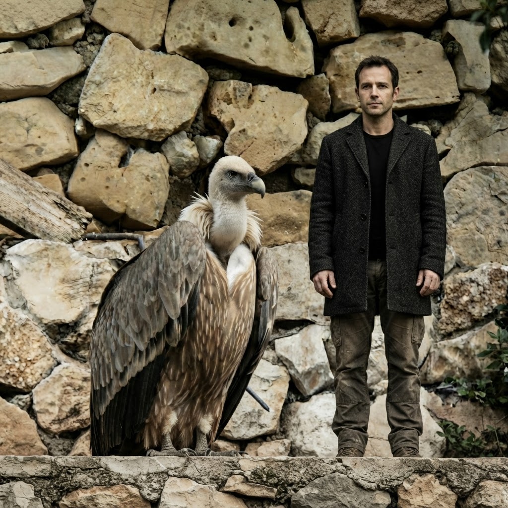 A man standing calmly beside a vulture on a stone wall, not fighting it